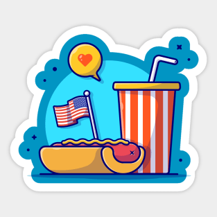 Tasty Hotdog with USA Independence Day Flag, Soda and Speech Bubble Cartoon Vector Icon Illustration Sticker